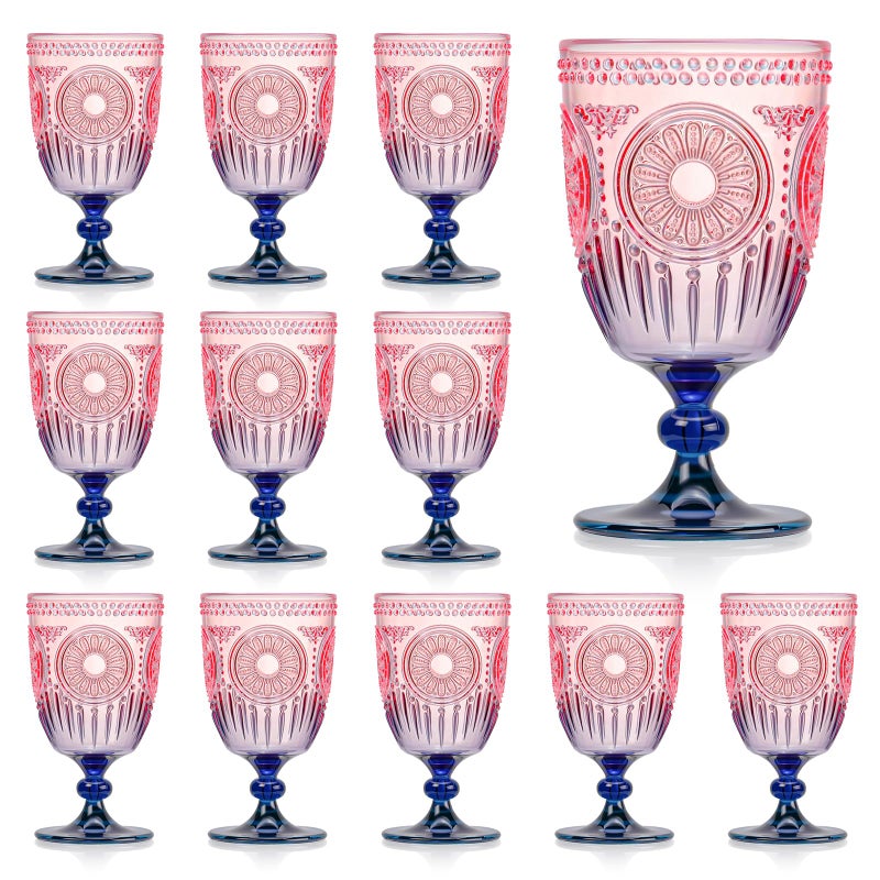 XUWAIDSGN 12Pcs Plastic Vintage Wine Glasses 13.5oz Reusable Embossed Goblet Glasses Pink Blue Gradient Retro Wine Glassware Unbreakable Stemmed Champagne Water Cups for Wine Cocktail Juice Wedding - Image 1