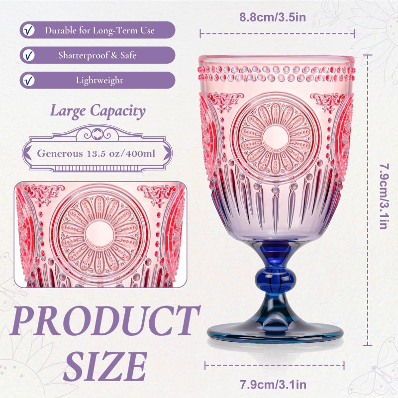 XUWAIDSGN 12Pcs Plastic Vintage Wine Glasses 13.5oz Reusable Embossed Goblet Glasses Pink Blue Gradient Retro Wine Glassware Unbreakable Stemmed Champagne Water Cups for Wine Cocktail Juice Wedding - Image 4
