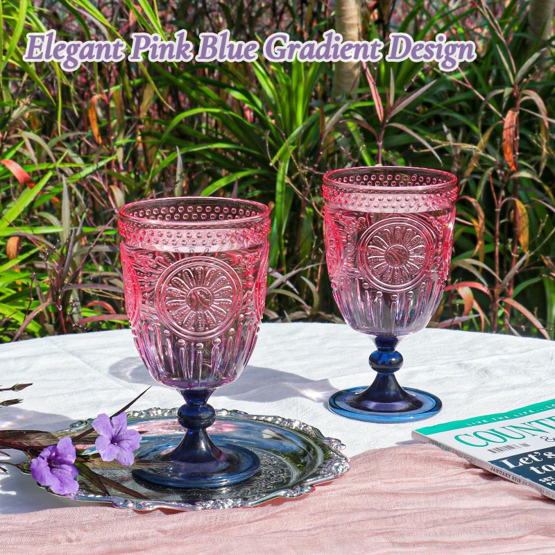 XUWAIDSGN 12Pcs Plastic Vintage Wine Glasses 13.5oz Reusable Embossed Goblet Glasses Pink Blue Gradient Retro Wine Glassware Unbreakable Stemmed Champagne Water Cups for Wine Cocktail Juice Wedding - Image 3