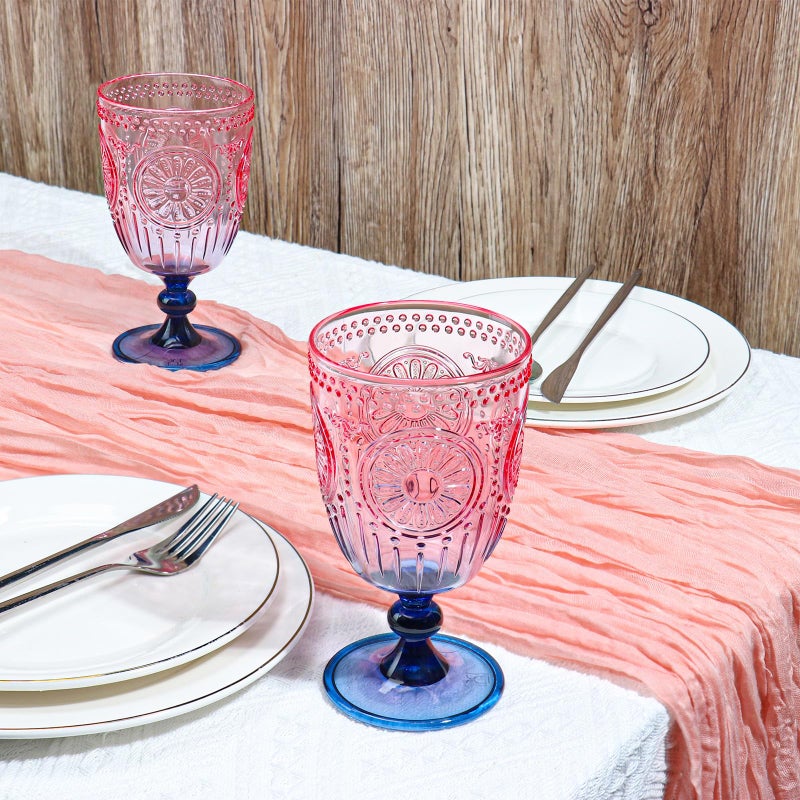 XUWAIDSGN 12Pcs Plastic Vintage Wine Glasses 13.5oz Reusable Embossed Goblet Glasses Pink Blue Gradient Retro Wine Glassware Unbreakable Stemmed Champagne Water Cups for Wine Cocktail Juice Wedding - Image 5