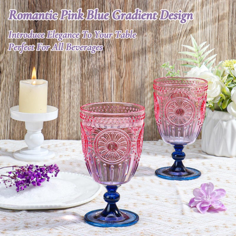 XUWAIDSGN 12Pcs Plastic Vintage Wine Glasses 13.5oz Reusable Embossed Goblet Glasses Pink Blue Gradient Retro Wine Glassware Unbreakable Stemmed Champagne Water Cups for Wine Cocktail Juice Wedding - Image 2