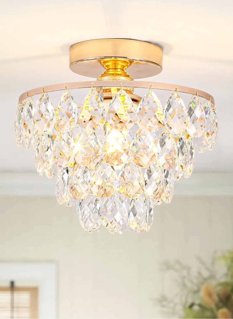 LOOPITYS Golden crystal chandelier, small mini chandelier, modern embedded crystal chandelier, (diameter 30CM/11.8 inch bulb base: E27, excluding bulbs) corridor ceiling lighting, corridor bedroom hall living room ceiling - Image 1
