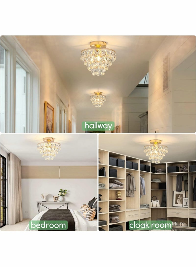 LOOPITYS Golden crystal chandelier, small mini chandelier, modern embedded crystal chandelier, (diameter 30CM/11.8 inch bulb base: E27, excluding bulbs) corridor ceiling lighting, corridor bedroom hall living room ceiling - Image 2