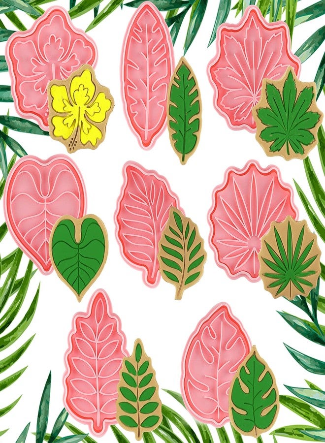 Cunhill 8 Pcs Tropical Leaf Cookie Cutters 3D Hawaiian Palm Tree Hibiscus Fondant Cutter with Plunger Stamps Set Safari Jungle Leaves Polymer Clay Molds for DIY Paste Biscuit Candy Chocolate Baking - Image 1
