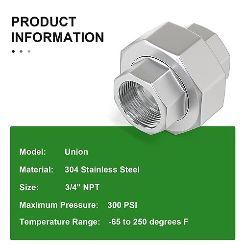 TAISHER 2PCS 304 Stainless Steel Union，3/4" NPT Female Cast Pipe Fitting - Image 4