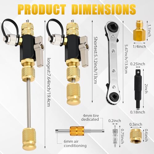 Tujoe Vacuum-Rated Valve Core Remover Installer Tool with Refrigeration Repair Wrench Set Dual Size 3/8'' 1/4'' 5/16'' 3/16'' Port Service Ratchet Wrench with Hex Bit Adapter and Valve Core - Image 2