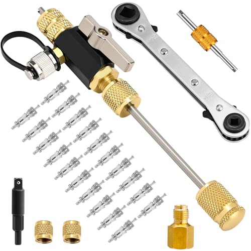 Tujoe Vacuum-Rated Valve Core Remover Installer Tool with Refrigeration Repair Wrench Set Dual Size 3/8'' 1/4'' 5/16'' 3/16'' Port Service Ratchet Wrench with Hex Bit Adapter and Valve Core - Image 1