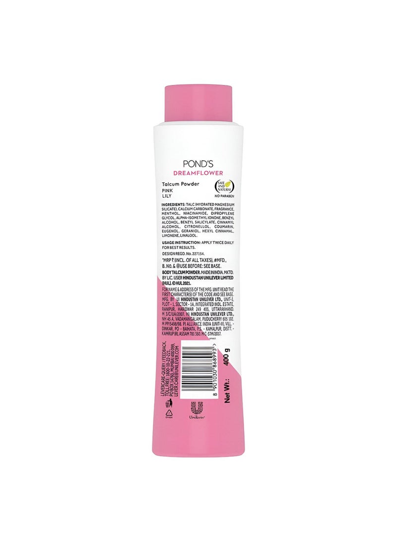 Pond’S Dreamflower, Pink Lily Fragrant Talcum Powder, 400G, For Long-Lasting Fragrance, With Vitamin B3, Glowing Skin, For Men ,  Women