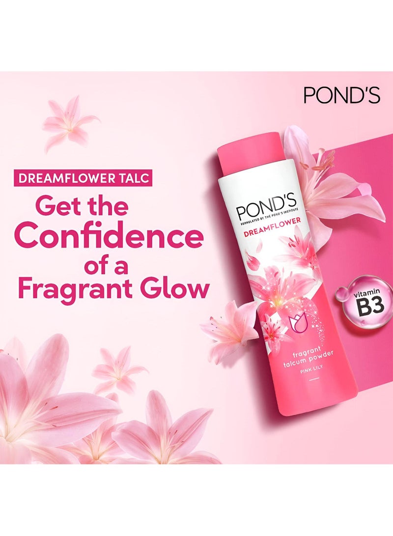 Pond’S Dreamflower, Pink Lily Fragrant Talcum Powder, 400G, For Long-Lasting Fragrance, With Vitamin B3, Glowing Skin, For Men ,  Women