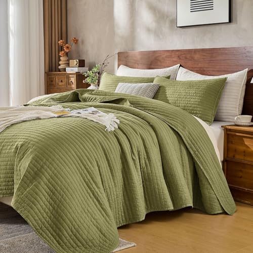 DOWN HOME Queen Quilt Bedding Set with Shams, Vintage Washed Soft Quilted Blanket Thin Comforter Lightweight Bedspread Coverlet Bed Cover, Brushed Microfiber Stripe Stitching, Golden Olive, 86"x90" - Image 1