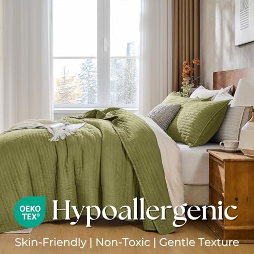 DOWN HOME Queen Quilt Bedding Set with Shams, Vintage Washed Soft Quilted Blanket Thin Comforter Lightweight Bedspread Coverlet Bed Cover, Brushed Microfiber Stripe Stitching, Golden Olive, 86"x90" - Image 5