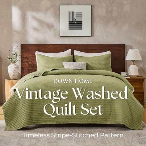 DOWN HOME Queen Quilt Bedding Set with Shams, Vintage Washed Soft Quilted Blanket Thin Comforter Lightweight Bedspread Coverlet Bed Cover, Brushed Microfiber Stripe Stitching, Golden Olive, 86"x90" - Image 2
