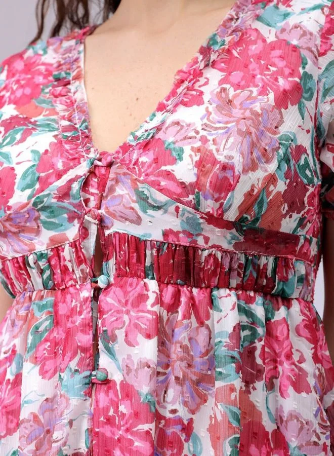 Freehand  Women Fit and Flared Floral Printed V-Neck Long Sleeve Ruffle Dress for Women | Best Price UAE