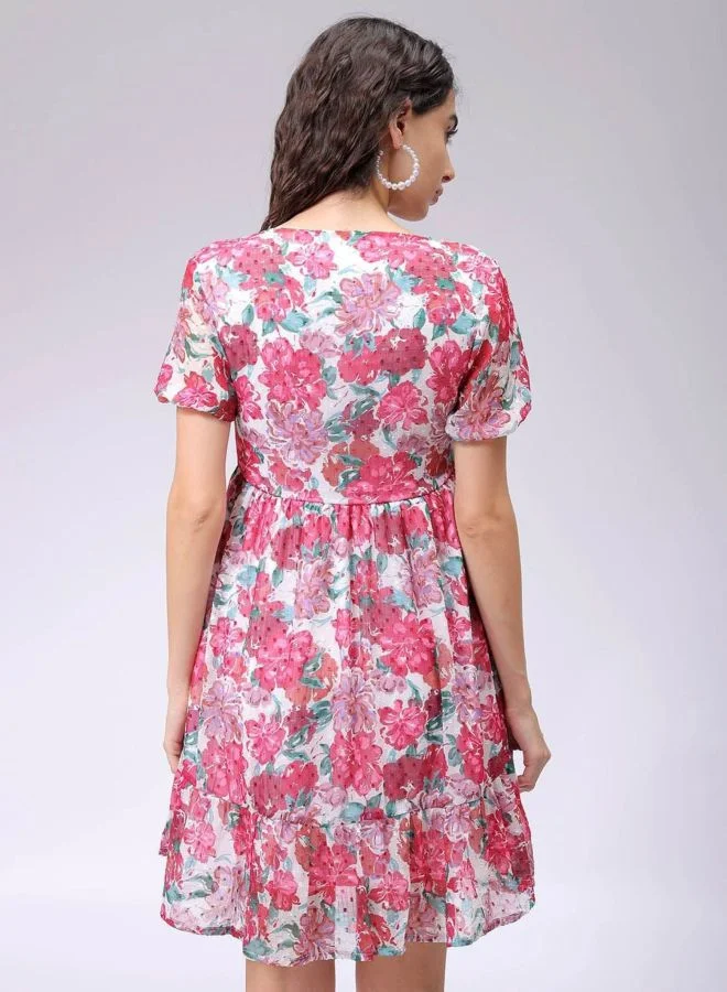 Freehand  Women Fit and Flared Floral Printed V-Neck Long Sleeve Ruffle Dress for Women | Best Price UAE