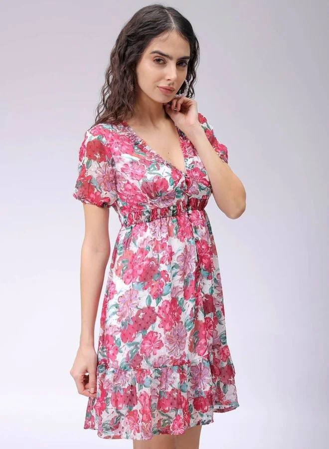 Freehand  Women Fit and Flared Floral Printed V-Neck Long Sleeve Ruffle Dress for Women | Best Price UAE