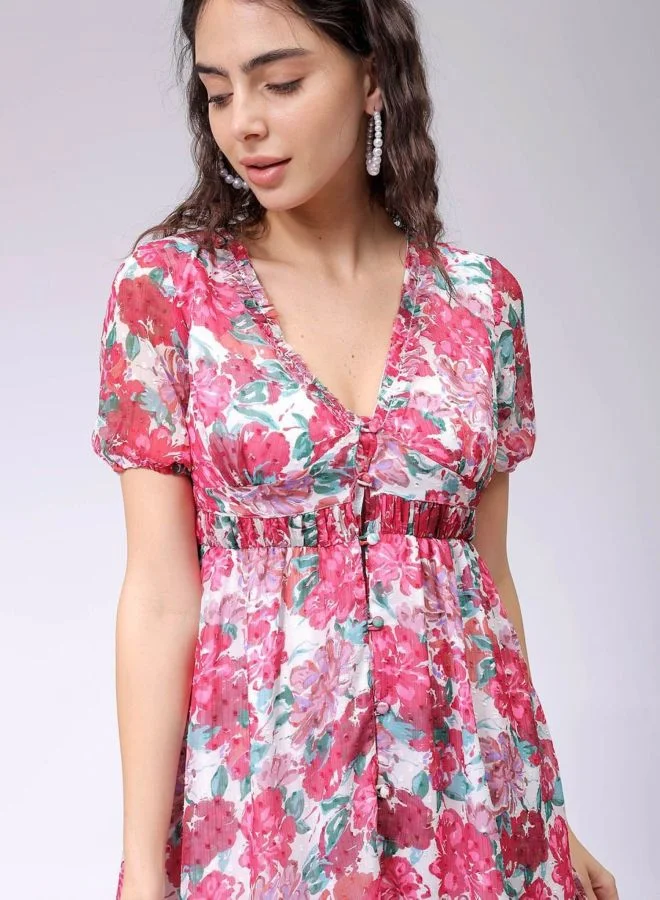 Women Fit and Flared Floral Printed V-Neck Long Sleeve Ruffle Dress