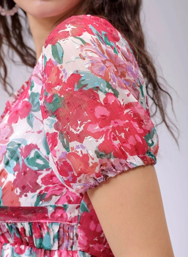 Freehand  Women Fit and Flared Floral Printed V-Neck Long Sleeve Ruffle Dress for Women | Best Price UAE
