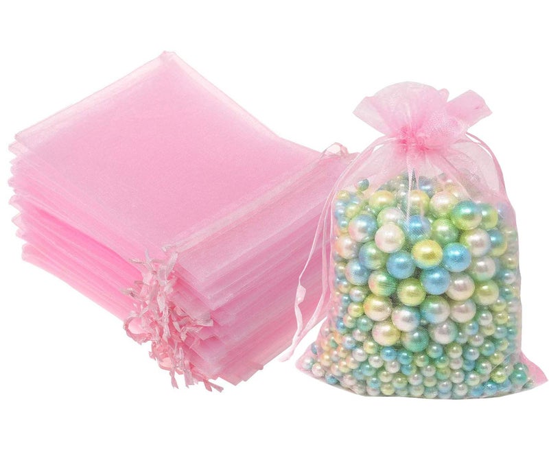 Pimuza 100 Pcs 5x7 inches Gift Wrap Bags Pink Organza Sheer See Through Fabric Drawstring Satin Ribbon Pouches for Baby Shower Favor Party Wedding Favors Decoration Card Deck Jewelery Boys Holiday Gift - Image 3