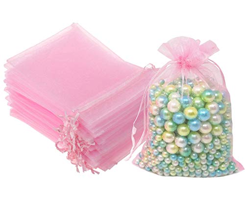 Pimuza 100 Pcs 5x7 inches Gift Wrap Bags Pink Organza Sheer See Through Fabric Drawstring Satin Ribbon Pouches for Baby Shower Favor Party Wedding Favors Decoration Card Deck Jewelery Boys Holiday Gift - Image 2