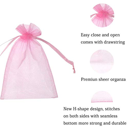 Pimuza 100 Pcs 5x7 inches Gift Wrap Bags Pink Organza Sheer See Through Fabric Drawstring Satin Ribbon Pouches for Baby Shower Favor Party Wedding Favors Decoration Card Deck Jewelery Boys Holiday Gift - Image 5