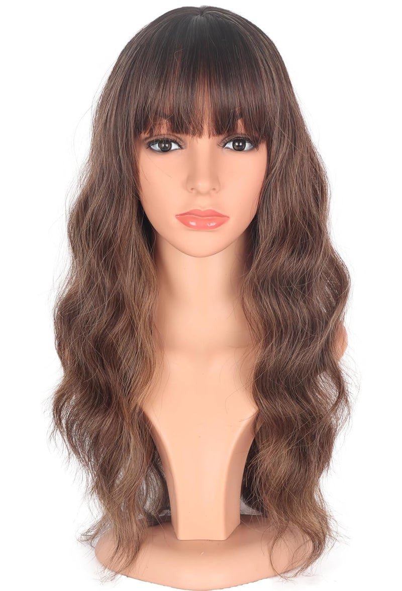 Ombre Brown Wavy Wigs With Bangs Medium Long Synthetic Hair Replacement Wigs for Daily Use 18 Inch