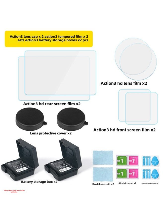 Generic DJI DJI Action3 Accessories HD Tempered Film Dust-proof Scratch-proof Tempered Screen Lens Cover Battery Storage Box-Color:action3 Tempered Screen Set (2 Sets) - Image 1