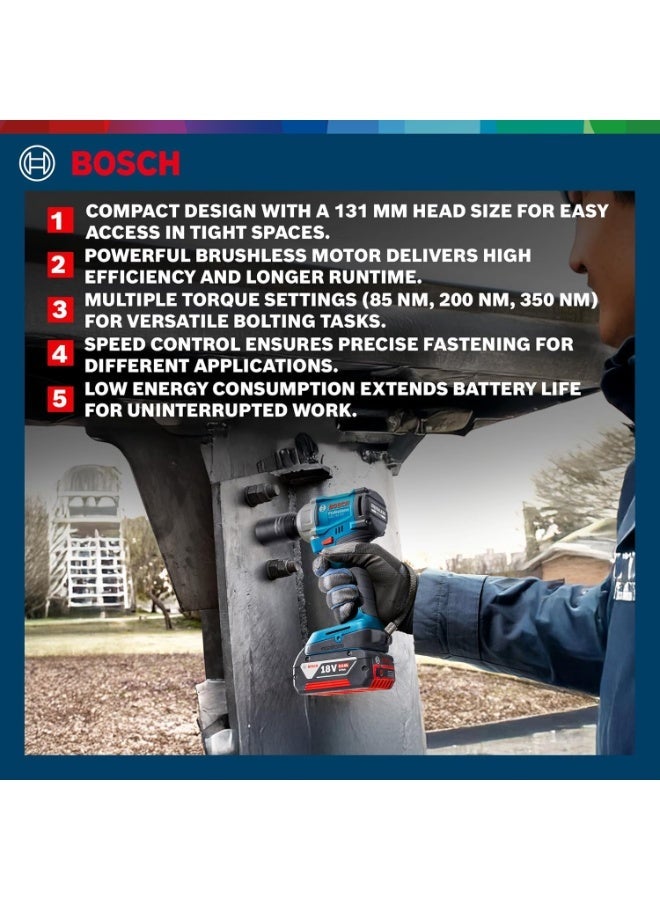 بوش BOSCH GDS 18V-350 Professional Cordless Impact Wrench with Brushless Motor, Compact 131 mm Head, Multiple Torque Settings up to 350 Nm for Efficient Bolting, 1 Year Warranty - Image 4