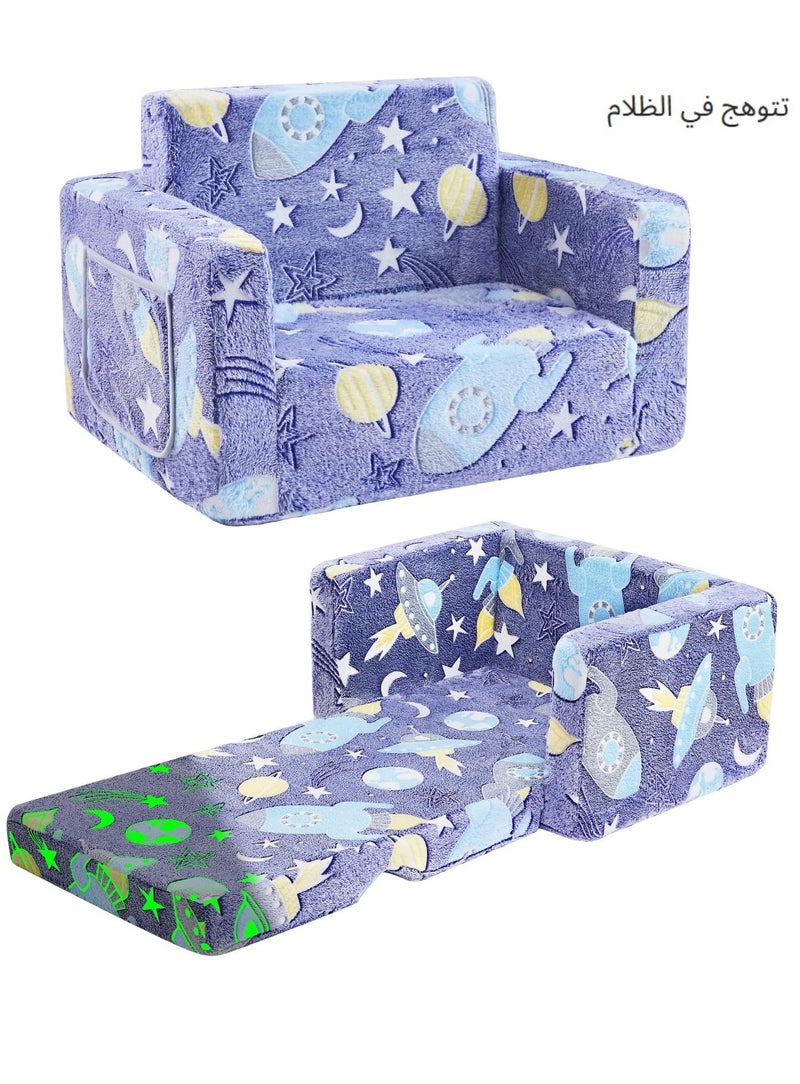 XICEN Toddler Fold Out Couch Bed, 2 in 1 Convertible Flip Out Sofa Chair, Glow in The Dark, Boys Girls Play Sofa Lounger, Kids Lounge Couch for Playroom Bedroom, Removable & Machine Washable Sofa Cover, Universe Pattern - Image 1