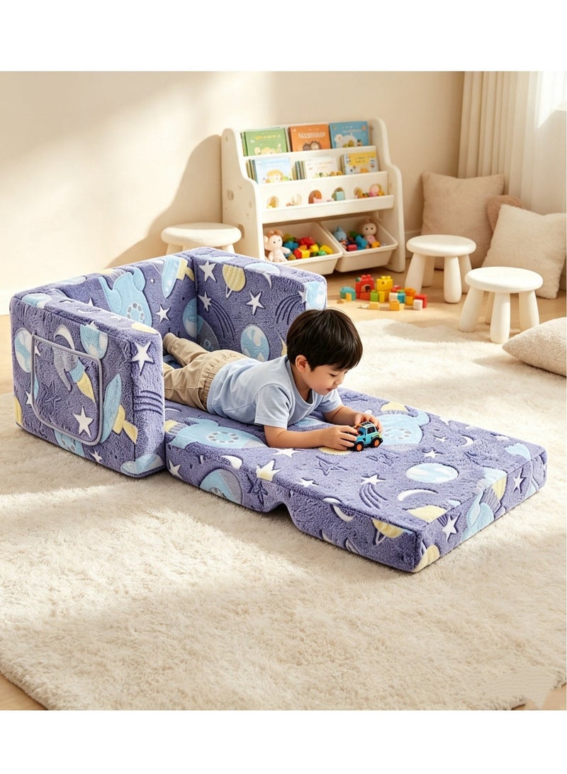XICEN Toddler Fold Out Couch Bed, 2 in 1 Convertible Flip Out Sofa Chair, Glow in The Dark, Boys Girls Play Sofa Lounger, Kids Lounge Couch for Playroom Bedroom, Removable & Machine Washable Sofa Cover, Universe Pattern - Image 3