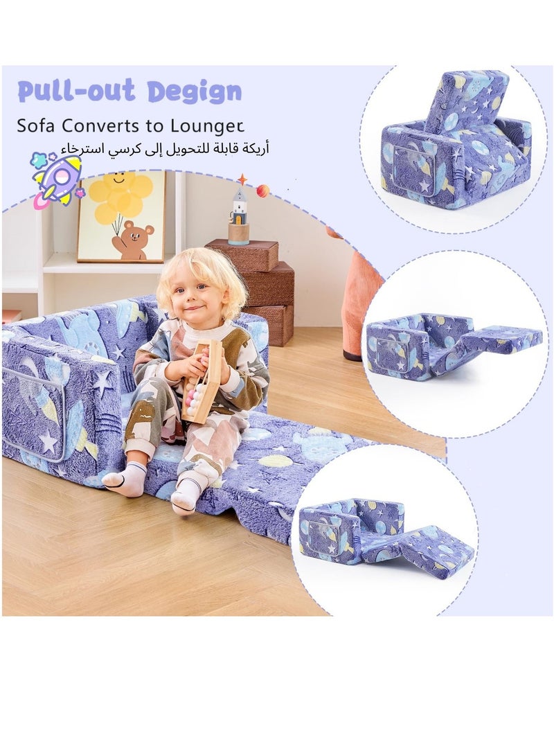 XICEN Toddler Fold Out Couch Bed, 2 in 1 Convertible Flip Out Sofa Chair, Glow in The Dark, Boys Girls Play Sofa Lounger, Kids Lounge Couch for Playroom Bedroom, Removable & Machine Washable Sofa Cover, Universe Pattern - Image 2