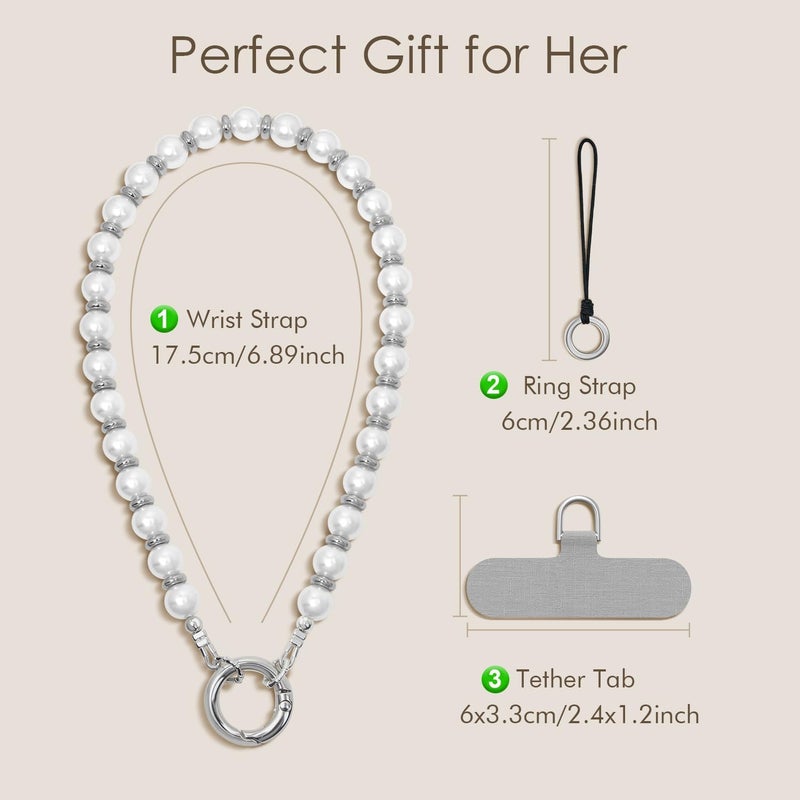 SURPHY Phone Charm, Pearl Phone Strap with Tether Tab & Premium Metal Buckle, Cellphone Lanyard Beaded Bracelets for Women, Cellphone Chain Wrist Strap - Image 2