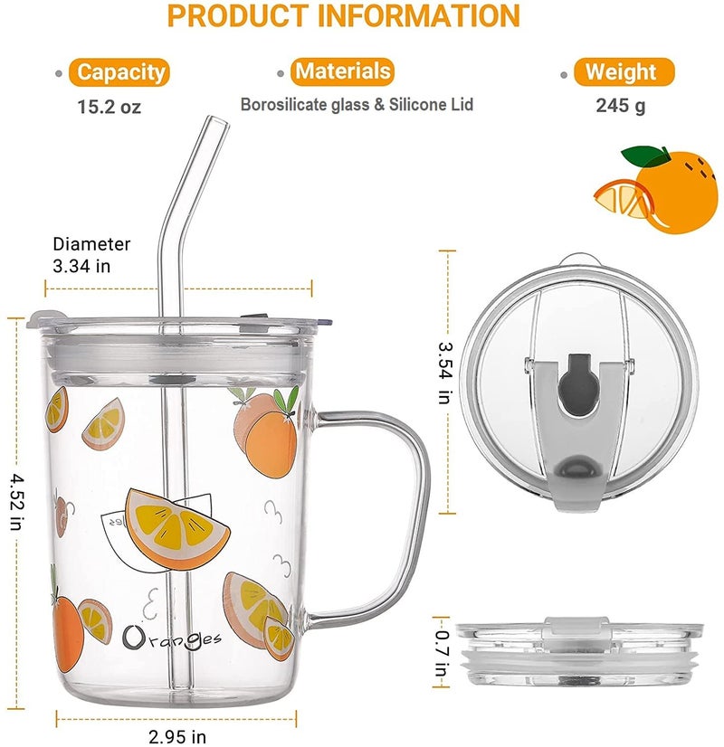 KHOLAD Random Design Glass Measuring Drinking Mug with Handle and Clear Lid with Silicone Straw for Girls & Kids Multiple Usage 350 ml (Pack of 1) (Kids Mugs) - Image 4