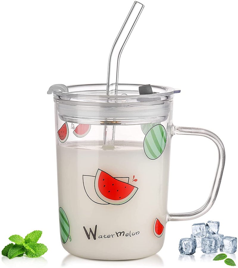 KHOLAD Random Design Glass Measuring Drinking Mug with Handle and Clear Lid with Silicone Straw for Girls & Kids Multiple Usage 350 ml (Pack of 1) (Kids Mugs) - Image 1