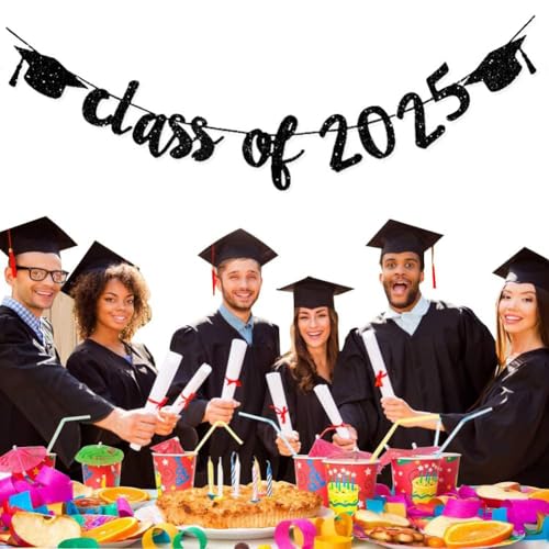 TrlaFy Class of 2025 Graduation Banners Party Decorations, Black Glitter Graduation Banners Garland for Congratulation Graduations Party Supplies, School, Home, Car Decorations - Image 2