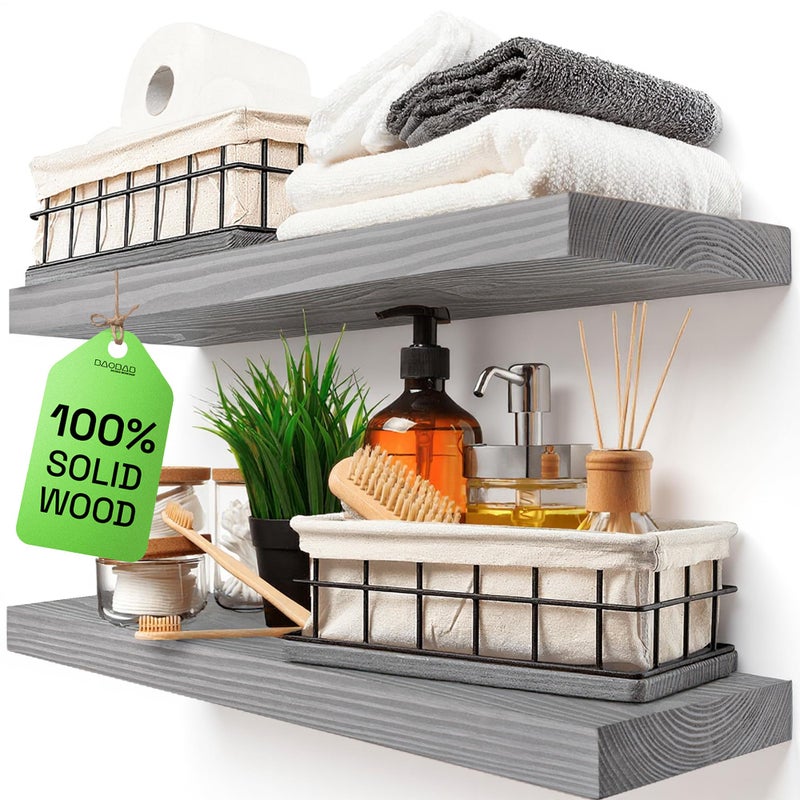 BAOBAB WORKSHOP Wood Floating Shelves for Wall Rustic Shelf 24 inch Grey Bathroom Shelves Solid Wood Shelves for Wall for Bedroom Kitchen Living Room Gray Finish 24 x 67 Inch Set of 2