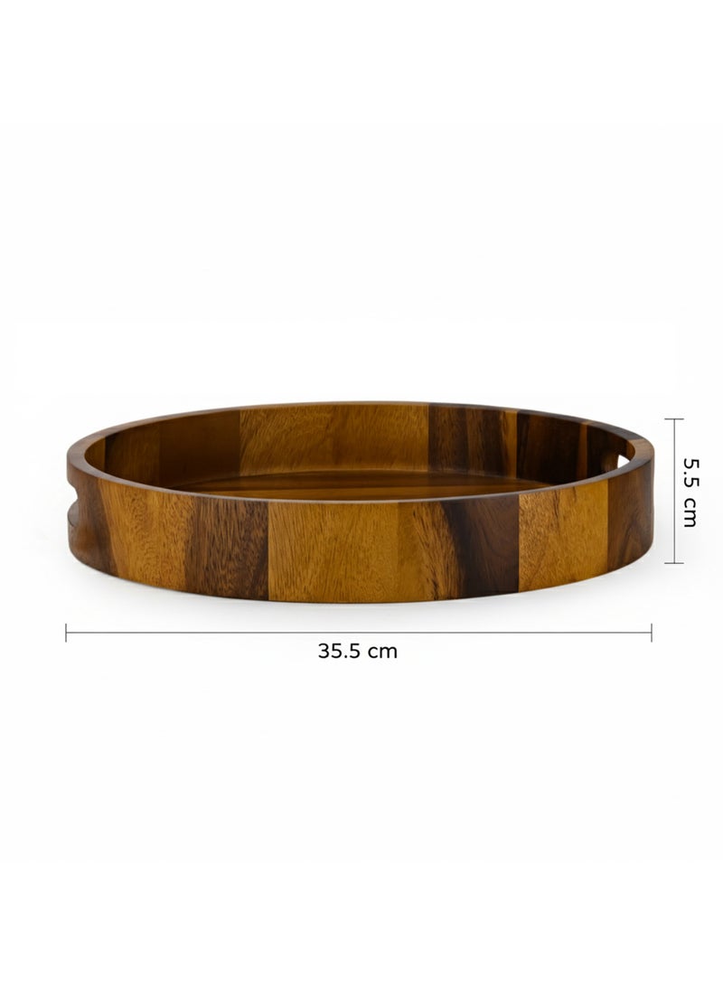 Billi Acacia Wood Serving Round Tray 14 inch - Premium Wooden Round Platter with Handles|Elegant Rustic Serving Tray for Snacks, Drinks, Breakfast & Décor - Image 3