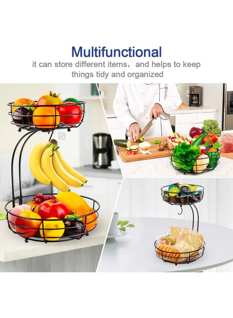 VKL Iron 2-Tier Countertop Fruit Vegetables Basket Bowl Storage With Banana Hanger, Black, 64 ounces - Image 3