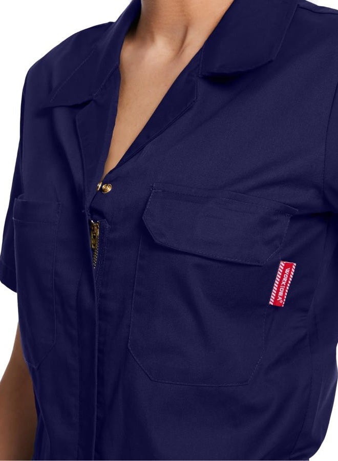 WORK IDEA Women's Short Sleeve Coverall Lightweight Snap-Front Cotton Work Jumpsuit, Navy, L - Image 4