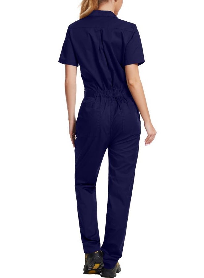 WORK IDEA Women's Short Sleeve Coverall Lightweight Snap-Front Cotton Work Jumpsuit, Navy, L - Image 2