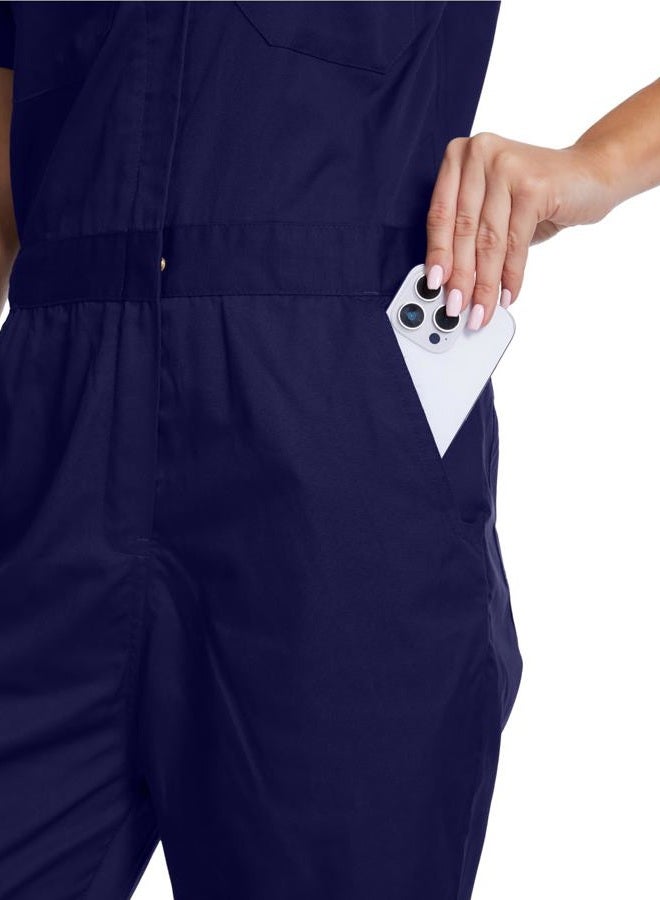 WORK IDEA Women's Short Sleeve Coverall Lightweight Snap-Front Cotton Work Jumpsuit, Navy, L - Image 5