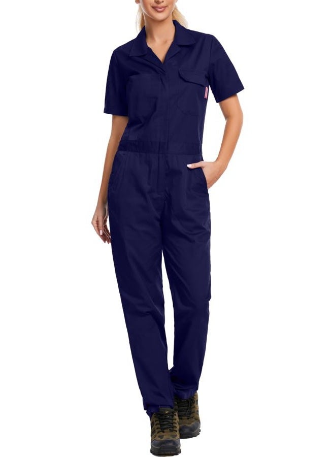 WORK IDEA Women's Short Sleeve Coverall Lightweight Snap-Front Cotton Work Jumpsuit, Navy, L - Image 1