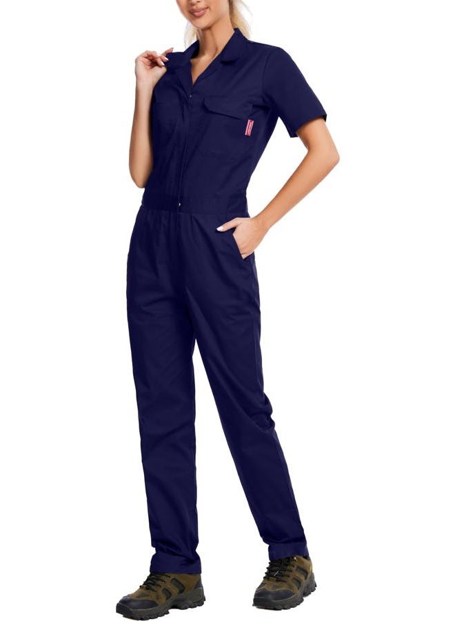 WORK IDEA Women's Short Sleeve Coverall Lightweight Snap-Front Cotton Work Jumpsuit, Navy, L - Image 3