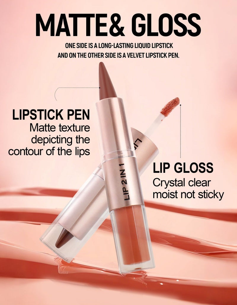 Erinde 2 In 1 Lip Combo Set, Dual-Ended Lip Liner & Gloss Combo, Nude Brown Lipliner, Velvet Matte Lipstick & High-Shine Gloss, High Pigmented Long-Lasting Lipstick Makeup, Vegan & Cruelty-Free, 06 - Image 3