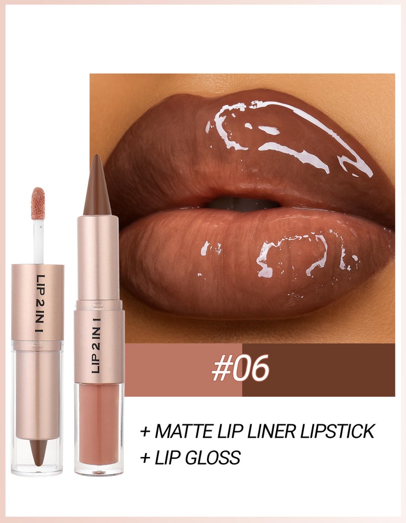 Erinde 2 In 1 Lip Combo Set, Dual-Ended Lip Liner & Gloss Combo, Nude Brown Lipliner, Velvet Matte Lipstick & High-Shine Gloss, High Pigmented Long-Lasting Lipstick Makeup, Vegan & Cruelty-Free, 06 - Image 2