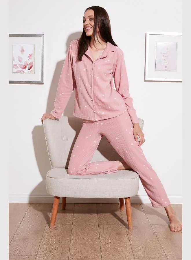 ليلا طقم بيجامة نسائي من الصوف بياقة قميص وأزرار أمامية مقاس عادي