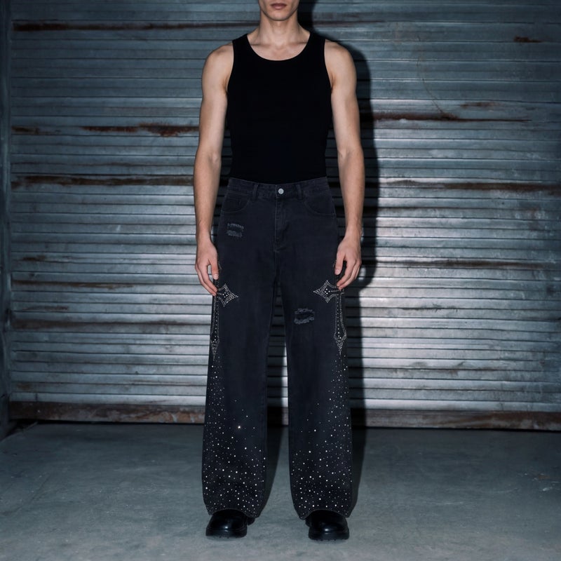 Men's Rhinestone Cross Distressed Jeans, Wide Leg Loose Fit - Image 3
