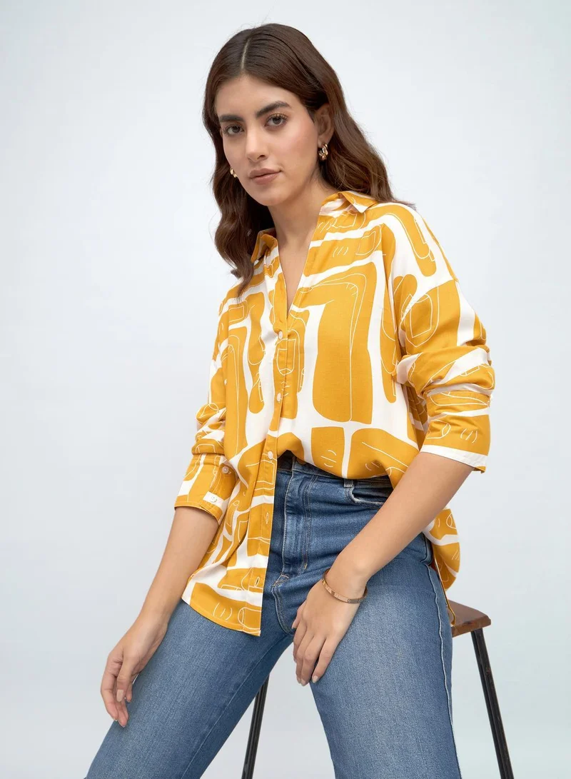 Dennis Lingo Women'S Mustard Rayon Printed Button Down Relaxed Shirt