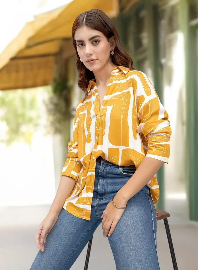 Dennis Lingo Women'S Mustard Rayon Printed Button Down Relaxed Shirt