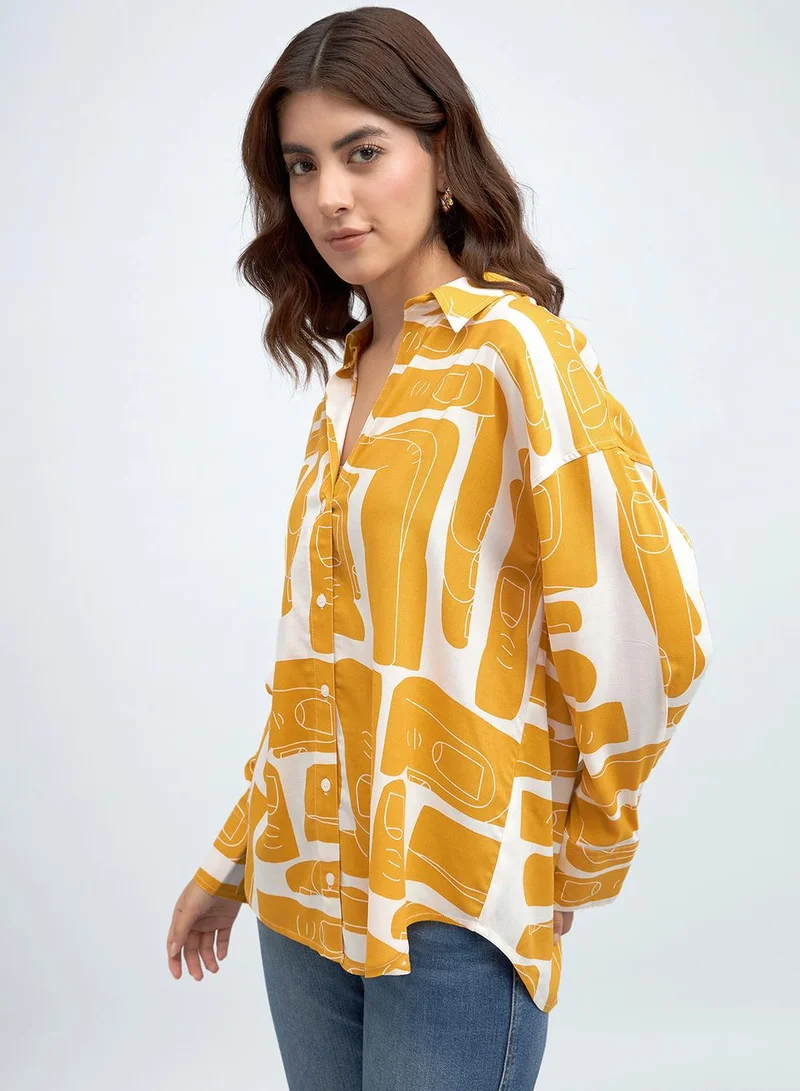 Women'S Mustard Rayon Printed Button Down Relaxed Shirt