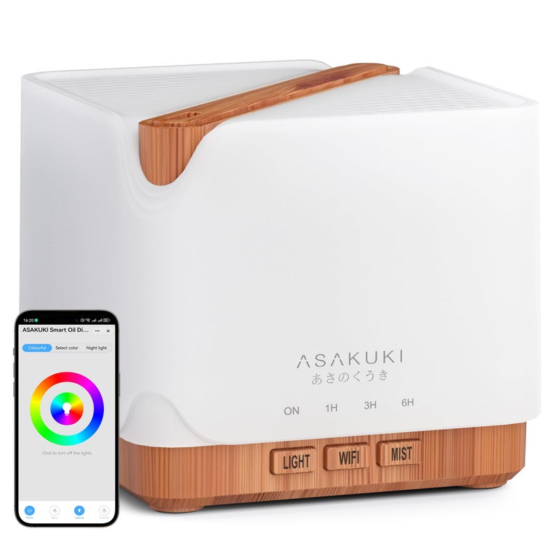 ASAKUKI موزع زيت أساسي ASAKUKI للمنزل، مرطب ذكي WiFi سعة 700 مل، اتصال سهل مع أليكسا وGoogle Home، تطبيق الهاتف والتحكم الصوتي، مؤقتات مجدولة مخصصة وضوء LED - أصفر - Image 1
